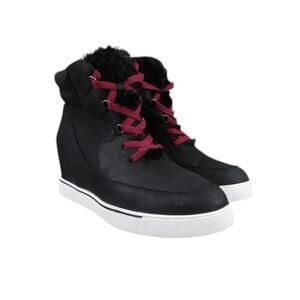 Sugar Shoes Womens 9.5 Fashion Sneakers Wedge Faux Fur Lace Up Memory Foam Black